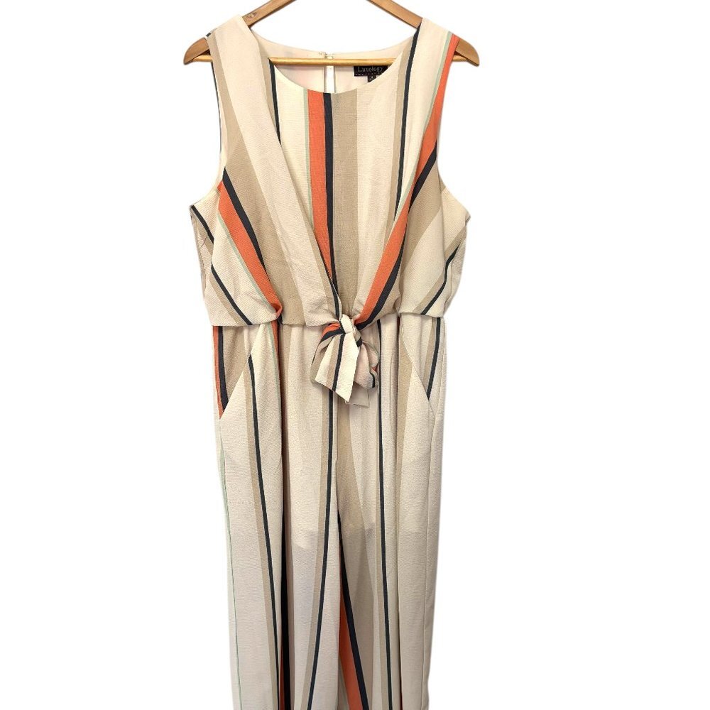 Striped Tie-Waist Sleeveless Jumpsuit in Cream and Orange